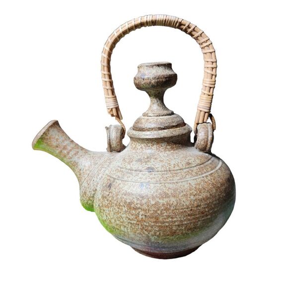 Unusual Clay Pottery Teapot with Rattan Handle Tall Lid Brown Handmade - Picture 1 of 13